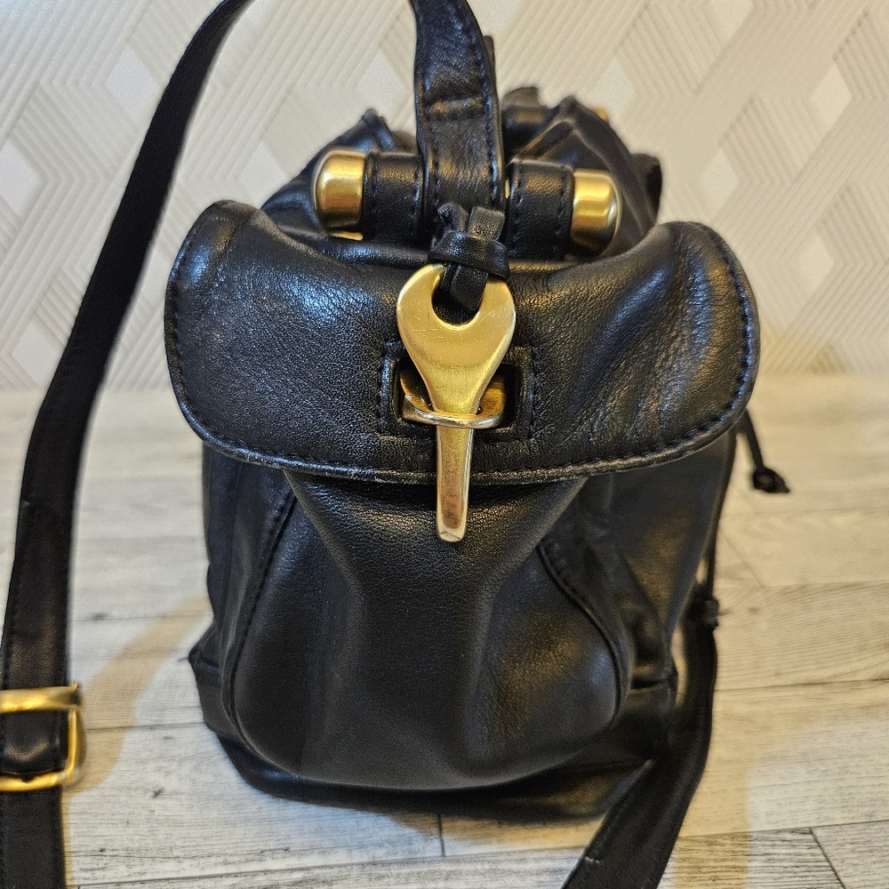 Sabina Black Leather Drawstring Shoulder Bag with Gold Accents - Picture 2 of 16